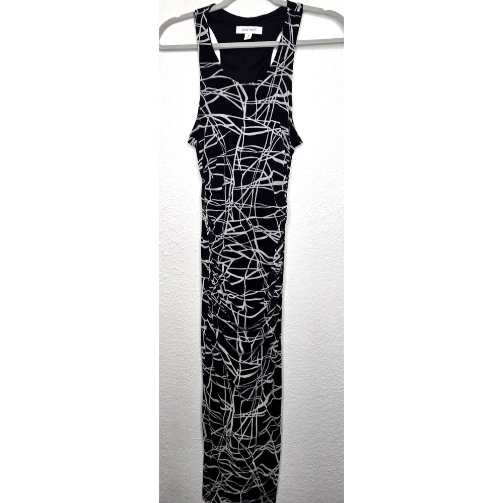 Nine West Women Midi Sheath Dress Medium Black White Ruched Sleeveless Racerback